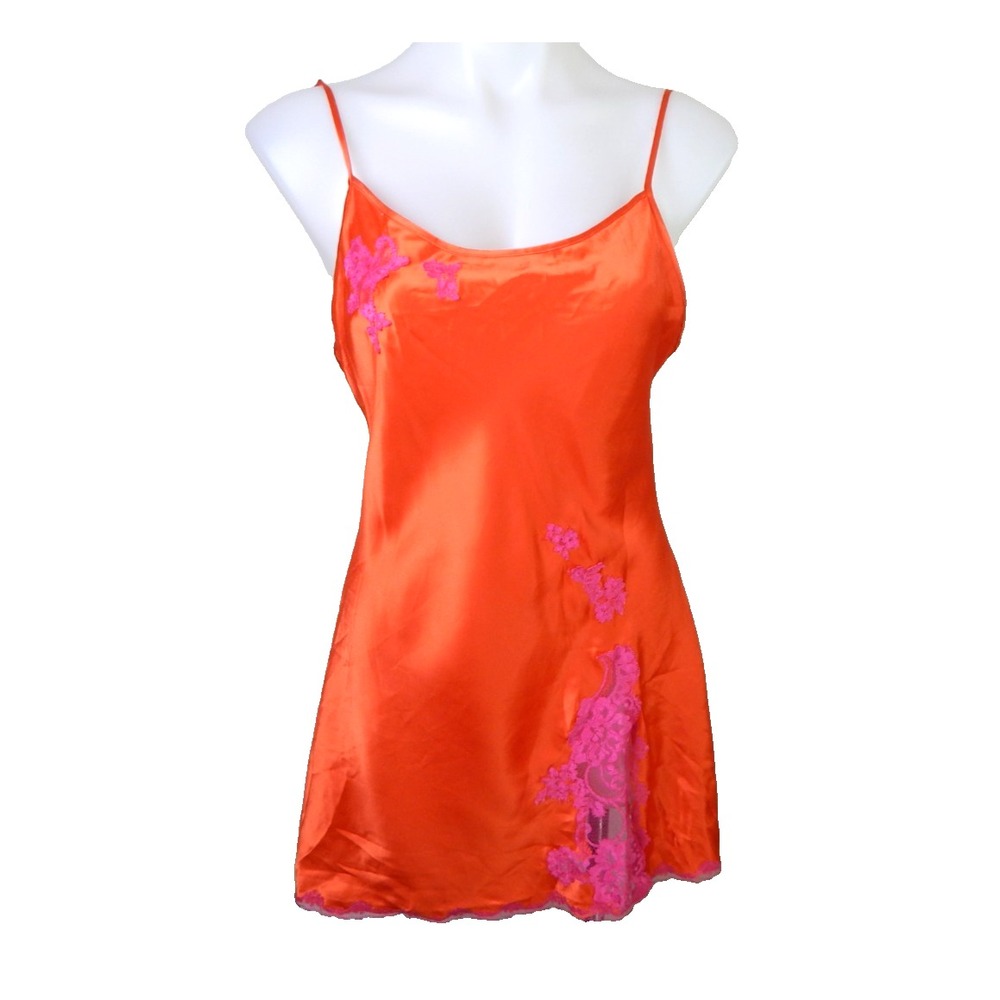 Victoria's Secret Slip Dress Vintage Y2K Orange Pink Satin Lace Trim Slit